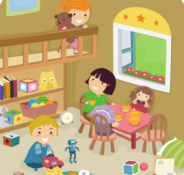 graphic with five young kids playing in a room 
