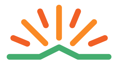 Top part of Asotin County Library logo with green hill and orange and yellow sun bursts