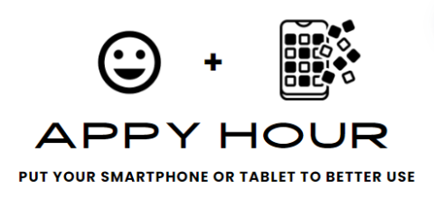 black and white smile face and phone graphic for Appy Hour